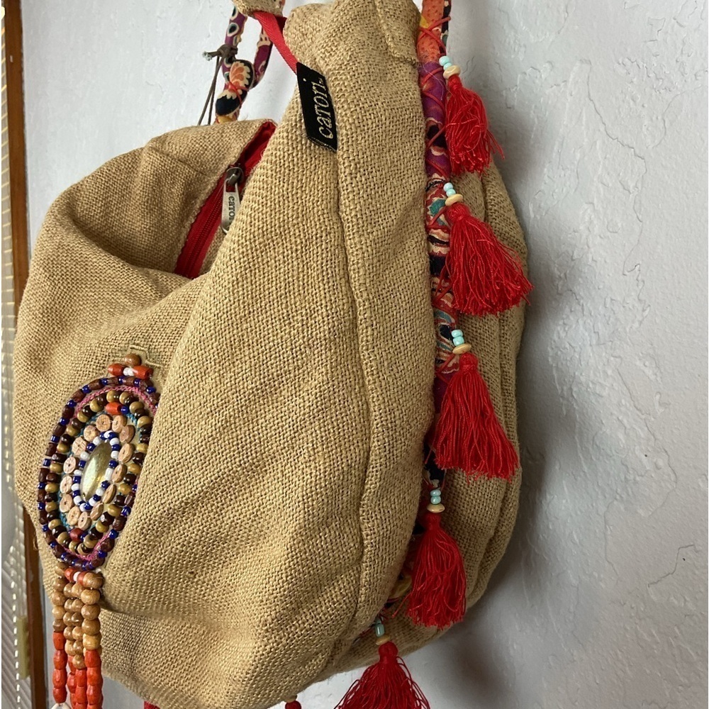 Catori Burlap Shoulder Bag Red Tassel Beads Boho Vacation - Picture 8 of 12